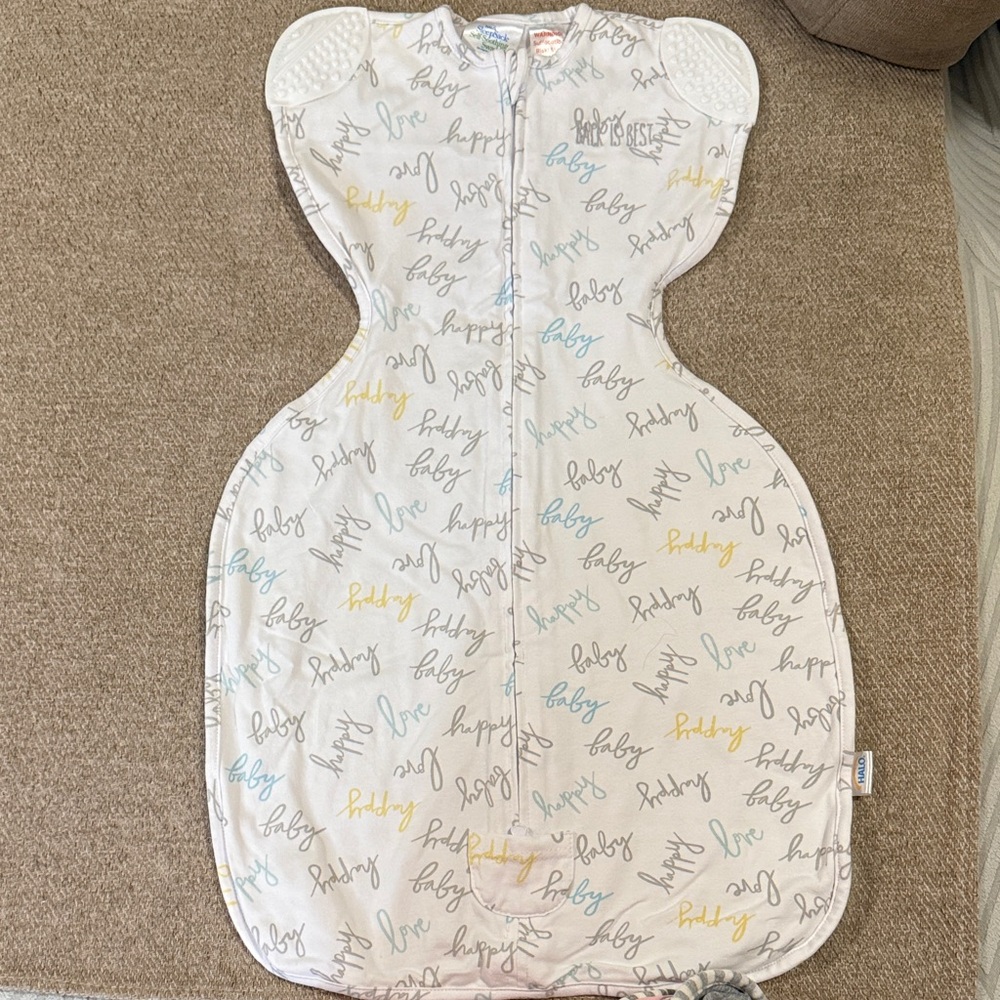 Halo SleepSack Swaddle with Blue and Gray Script